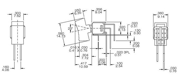 RS4-202R4六腳兩檔90度彎腳臥式鈕子開關