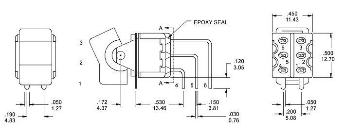 RS8-202R4六腳兩檔90度彎腳臥式鈕子開關