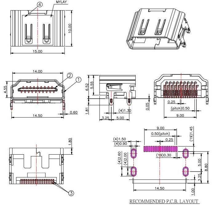 HDMI A TYPE SMT,HDMI插口19P 無(wú)耳無(wú)柱/19腳HDMI插孔 HDMI-A-5規(guī)格書