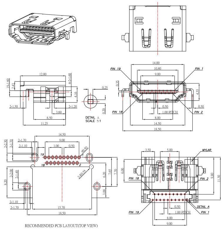 HDMI-A-9,DIP HDMI JACK 19P , 沉板HDMI母座19P, 板上高 H:2.43mm規格圖