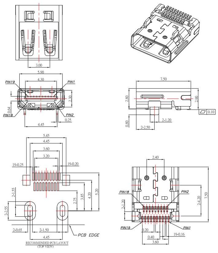 HDMI D TYPE ,雙排SMD ,前插后貼HDMI JACK SE,HDMI-D-4規格書