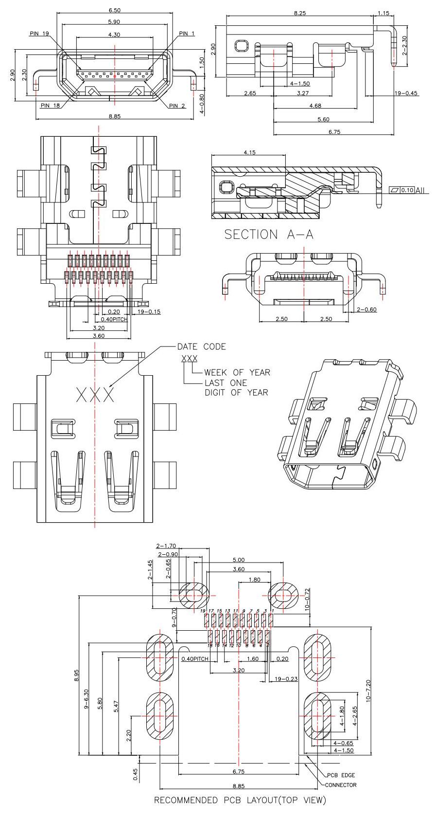 HDMI D TYPE,沉板高H:1.5mm,HDMI-D-5  HDMI sockets