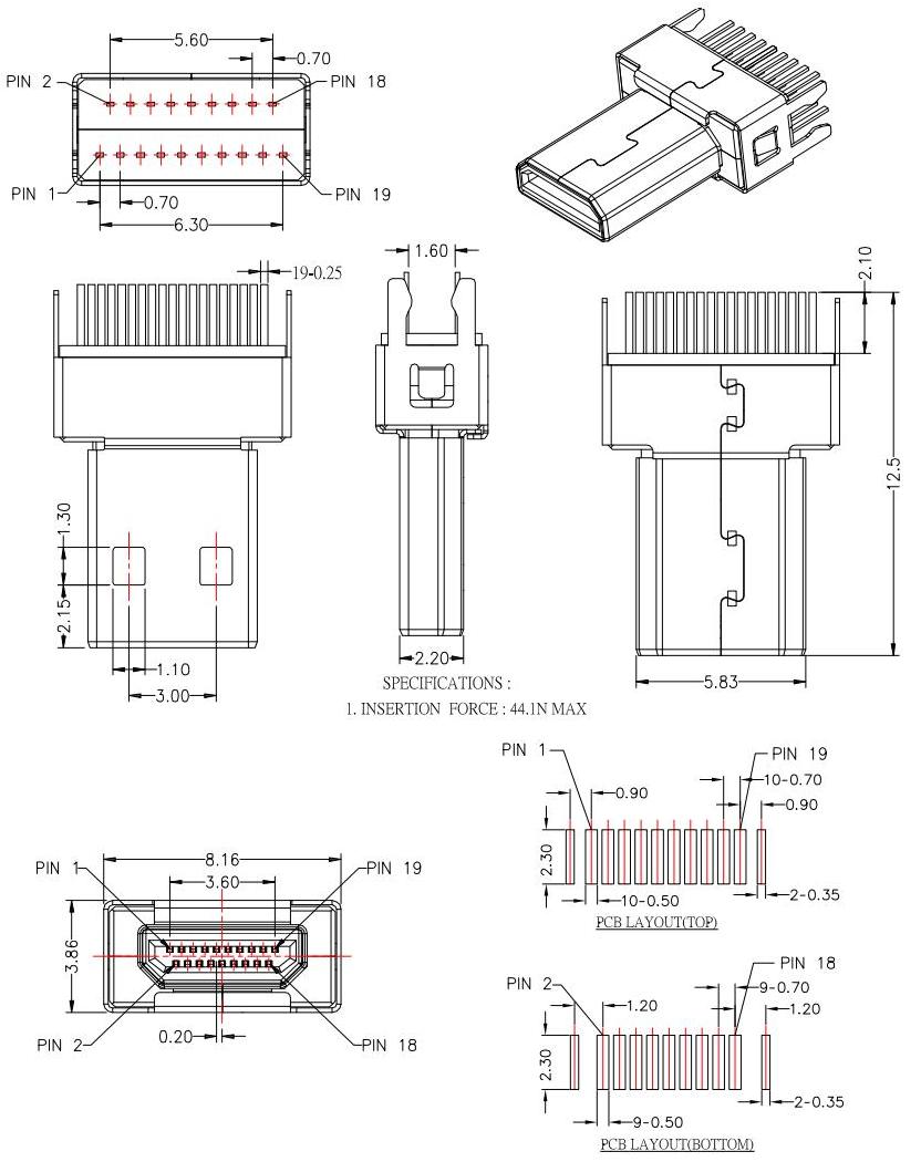 HDMI-D-6  D TYPE 公頭夾板,板厚1.6mm，HDMI JACK SERIES規格圖