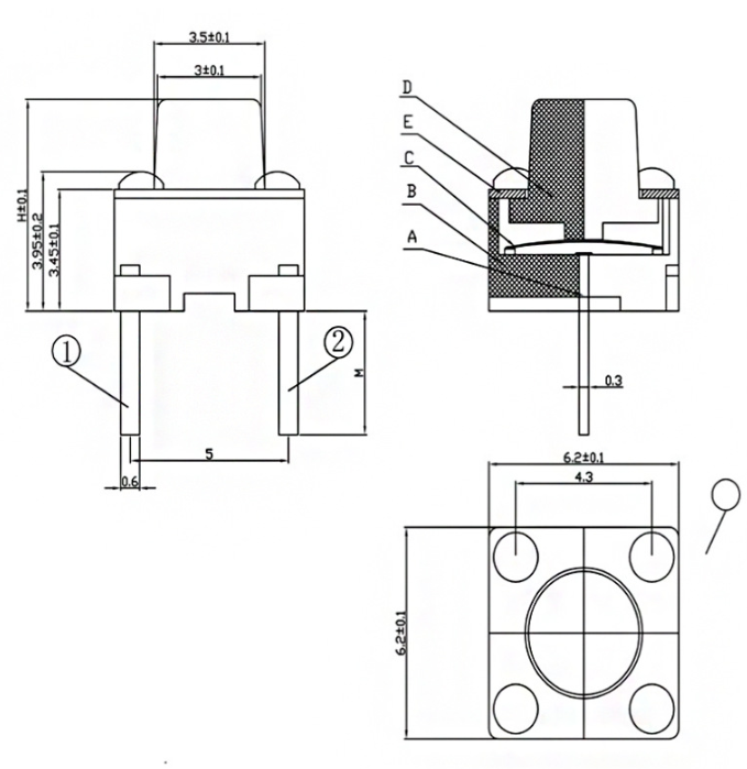 6*6*5兩腳輕觸開關(guān)尺寸圖 6*6*5兩腳輕觸開關(guān)尺寸圖