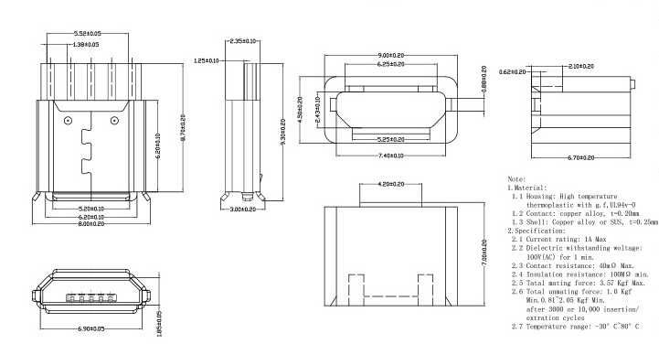 5p焊線式micro-usb規格圖 5p焊線式micro-usb規格圖