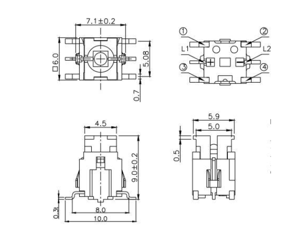 TS-036A六腳帶燈輕觸開關規(guī)格圖 TS-036A六腳帶燈輕觸開關規(guī)格圖