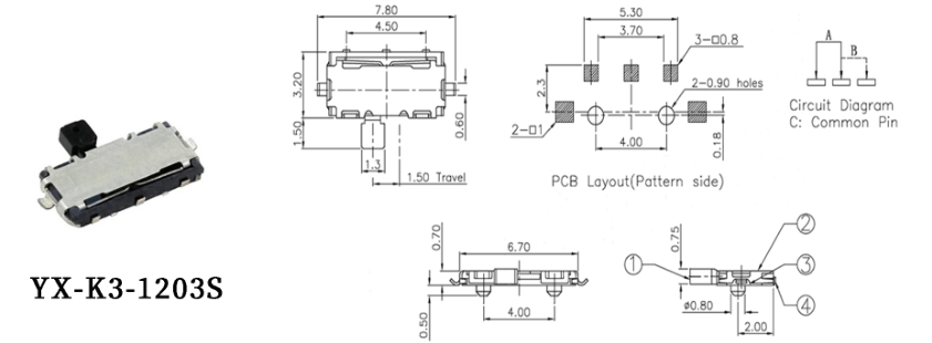K3-1203S撥動開關原理圖 K3-1203S撥動開關原理圖