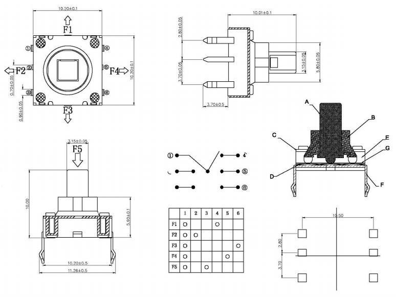 10*10*10五向開關(guān)尺寸圖